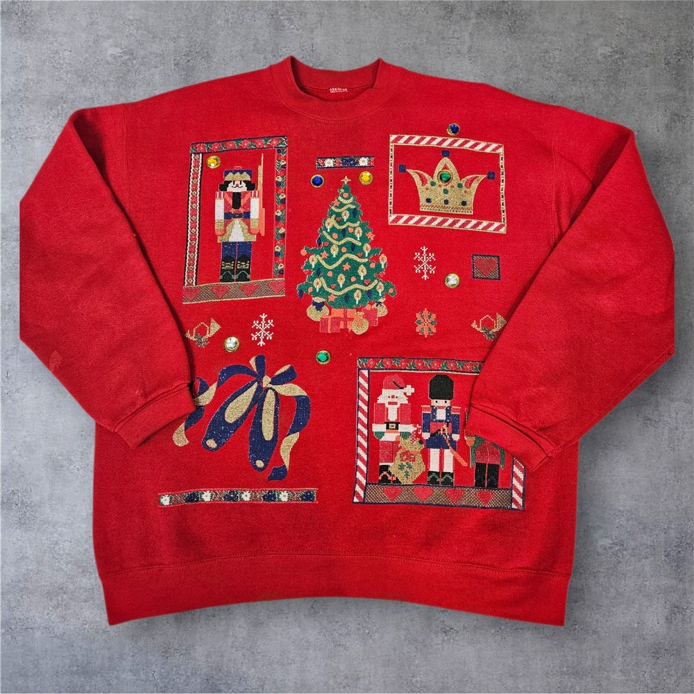 Vintage Red Christmas Nutcracker Santa Tree Ugly Sweater 1X Women's B91